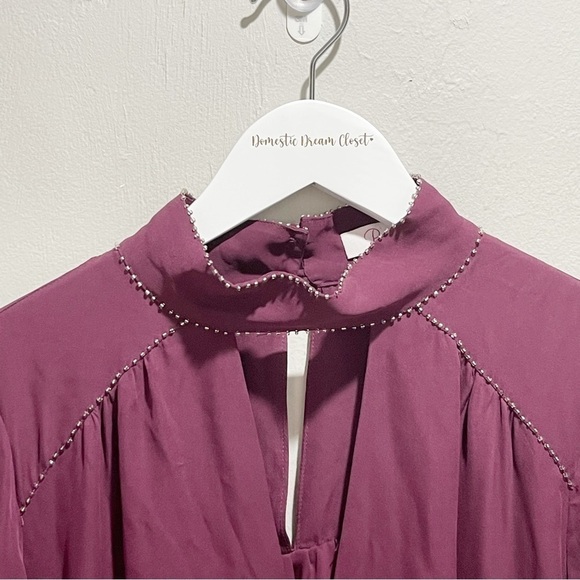 PARKER Women’s Burgundy Silk TESSA Choker Neck Bell Slv Keyhole Beaded Dress  XS - Picture 4 of 8